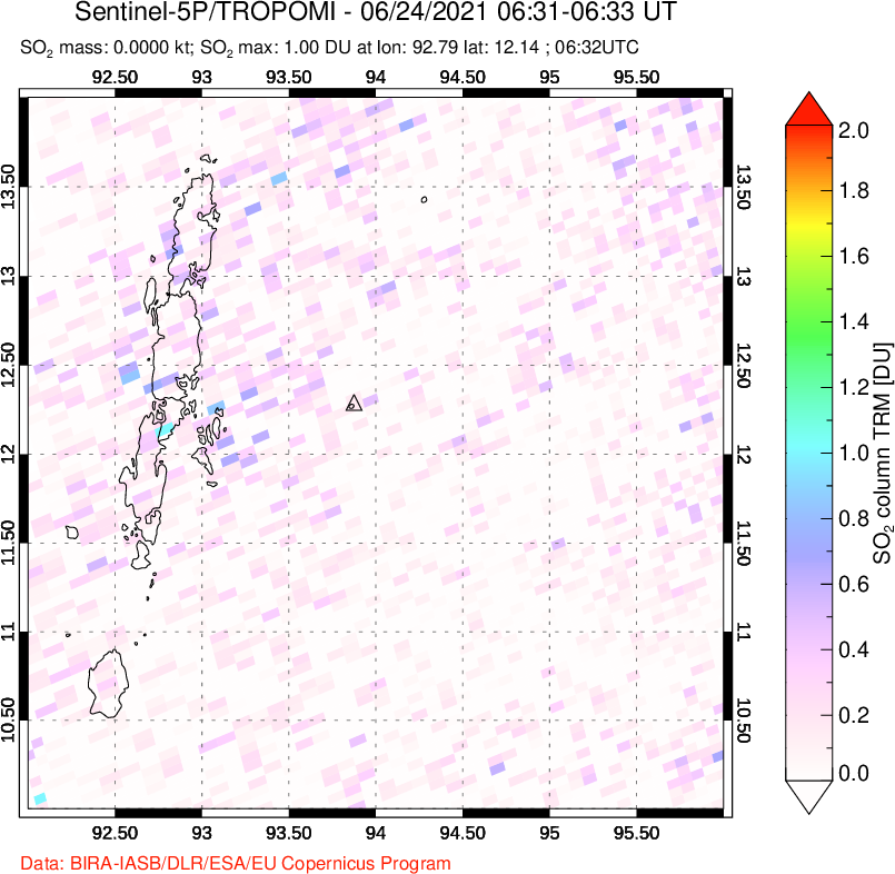 A sulfur dioxide image over Andaman Islands, Indian Ocean on Jun 24, 2021.
