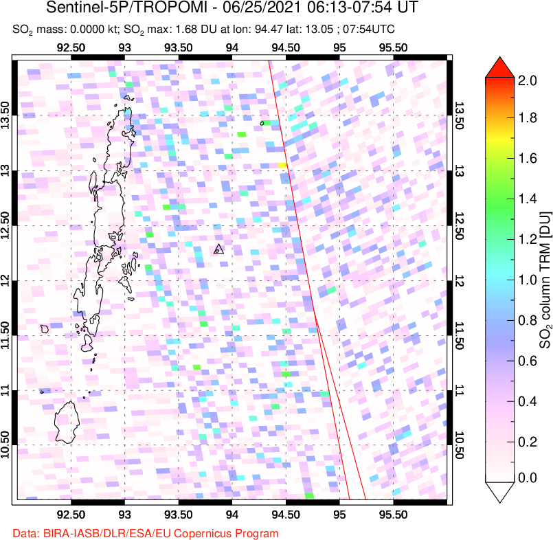 A sulfur dioxide image over Andaman Islands, Indian Ocean on Jun 25, 2021.