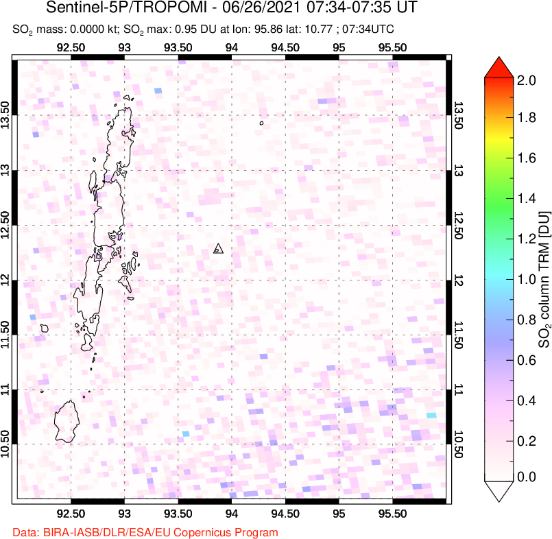 A sulfur dioxide image over Andaman Islands, Indian Ocean on Jun 26, 2021.