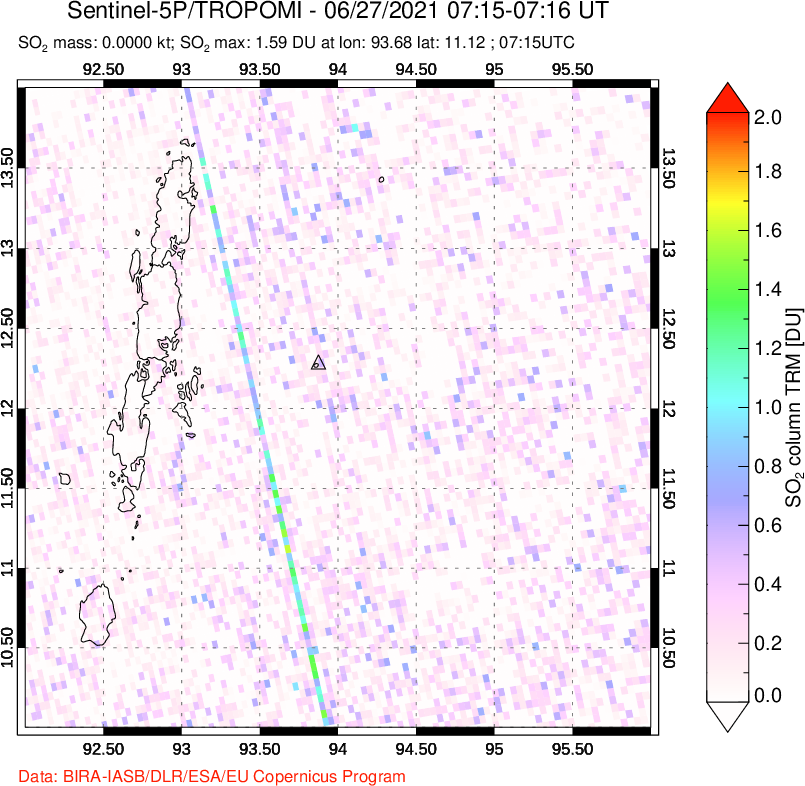 A sulfur dioxide image over Andaman Islands, Indian Ocean on Jun 27, 2021.