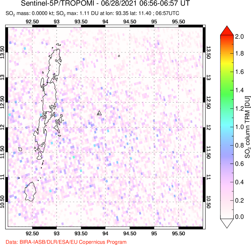 A sulfur dioxide image over Andaman Islands, Indian Ocean on Jun 28, 2021.