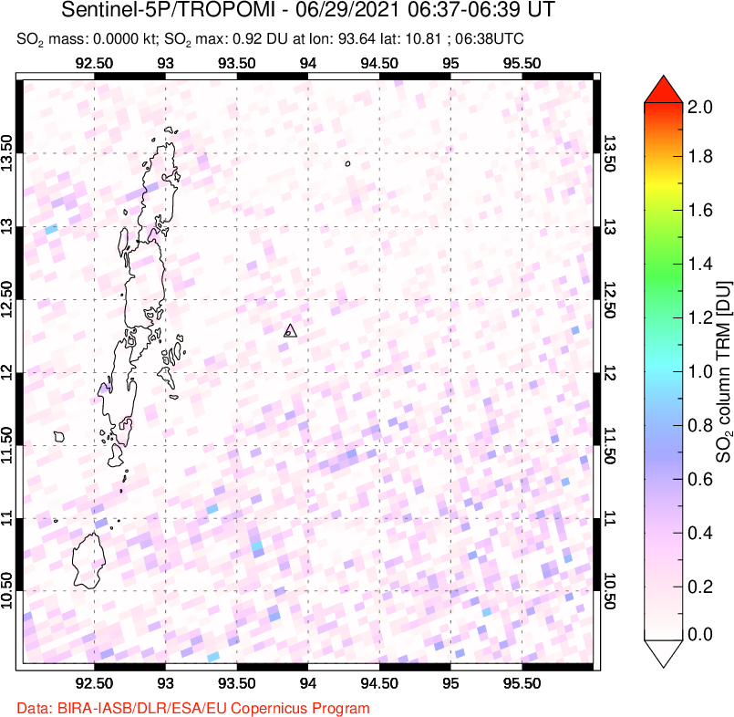 A sulfur dioxide image over Andaman Islands, Indian Ocean on Jun 29, 2021.