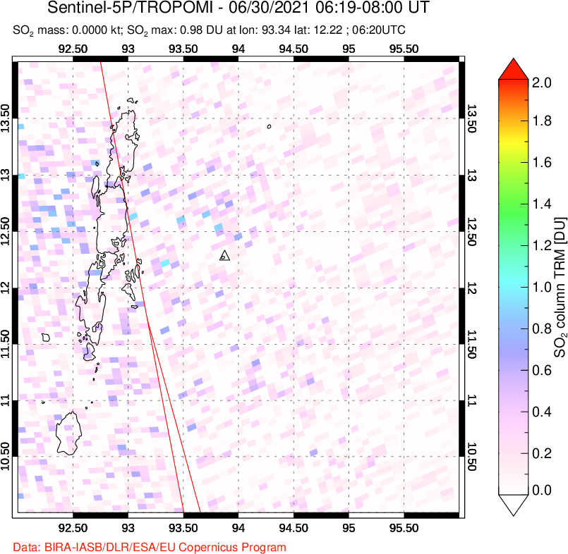 A sulfur dioxide image over Andaman Islands, Indian Ocean on Jun 30, 2021.