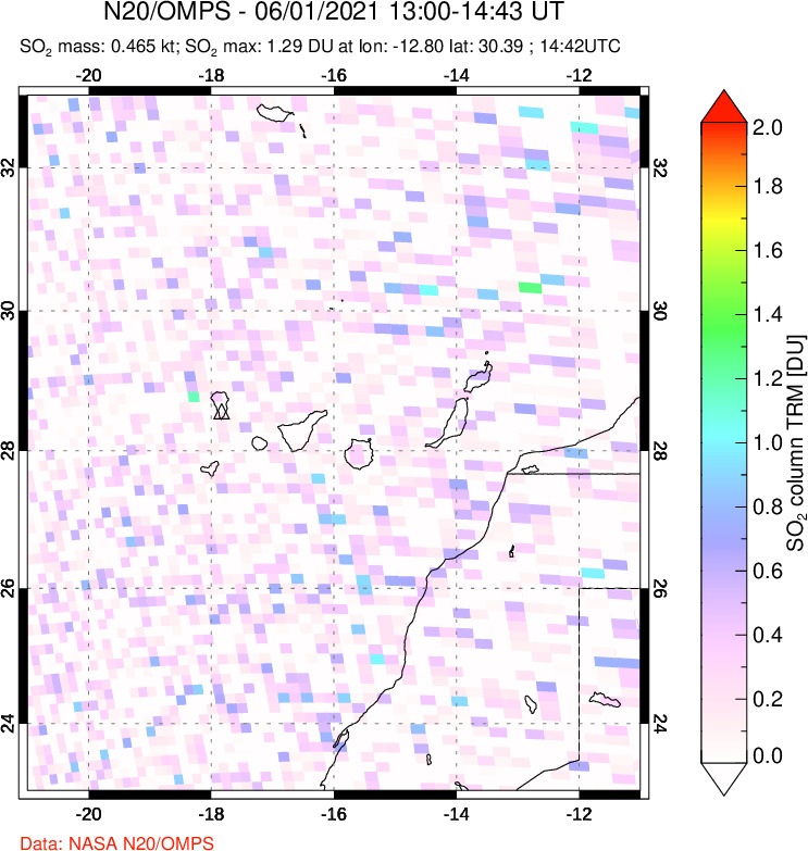 A sulfur dioxide image over Canary Islands on Jun 01, 2021.