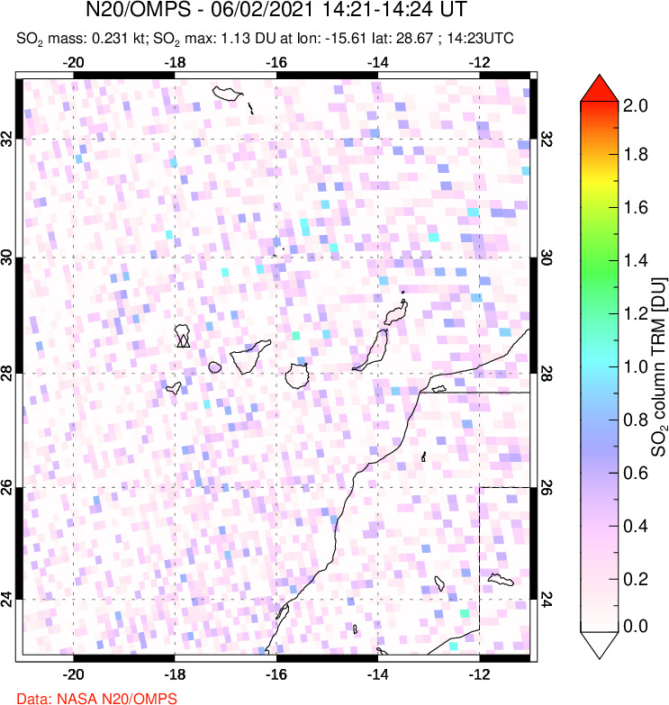 A sulfur dioxide image over Canary Islands on Jun 02, 2021.