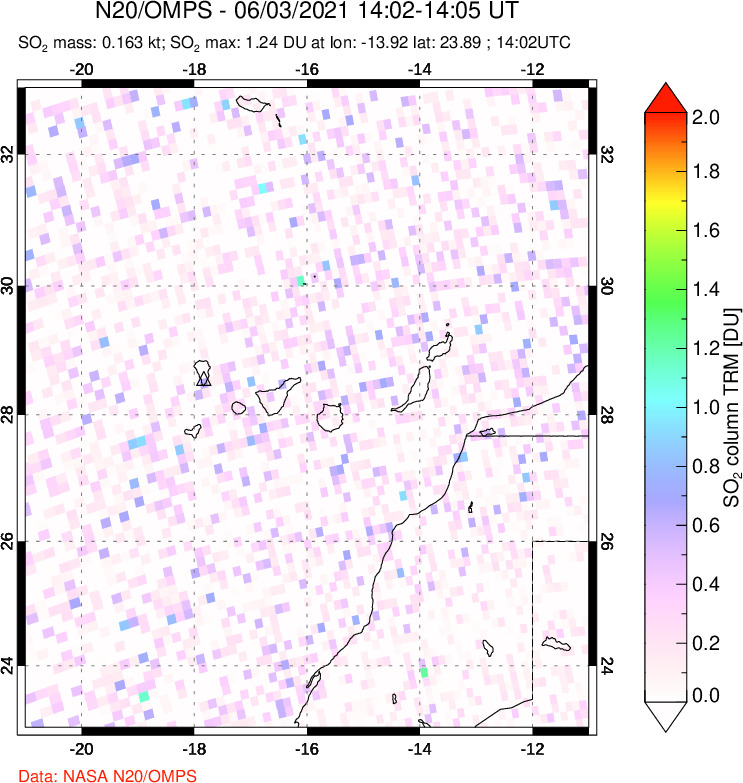 A sulfur dioxide image over Canary Islands on Jun 03, 2021.