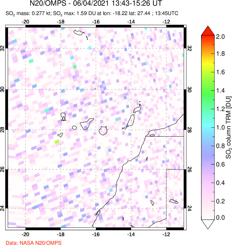 A sulfur dioxide image over Canary Islands on Jun 04, 2021.