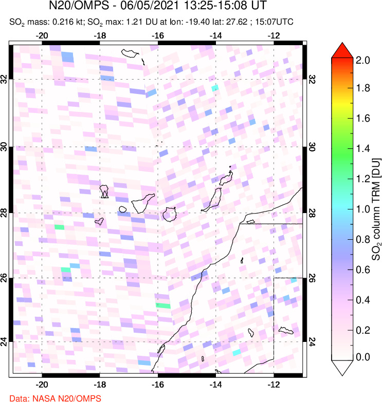 A sulfur dioxide image over Canary Islands on Jun 05, 2021.