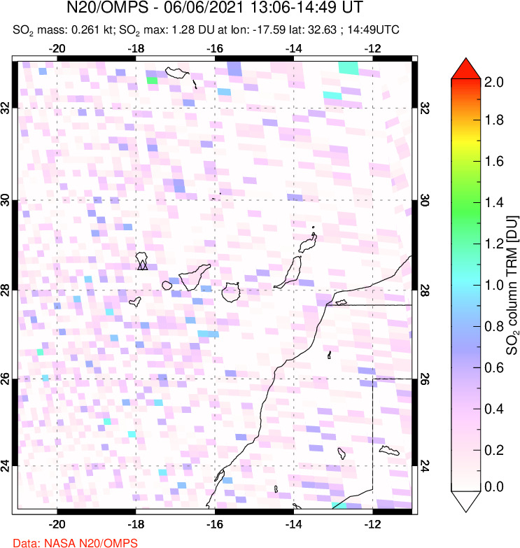 A sulfur dioxide image over Canary Islands on Jun 06, 2021.
