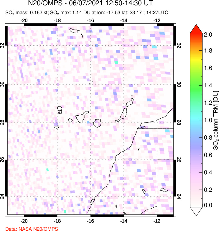 A sulfur dioxide image over Canary Islands on Jun 07, 2021.