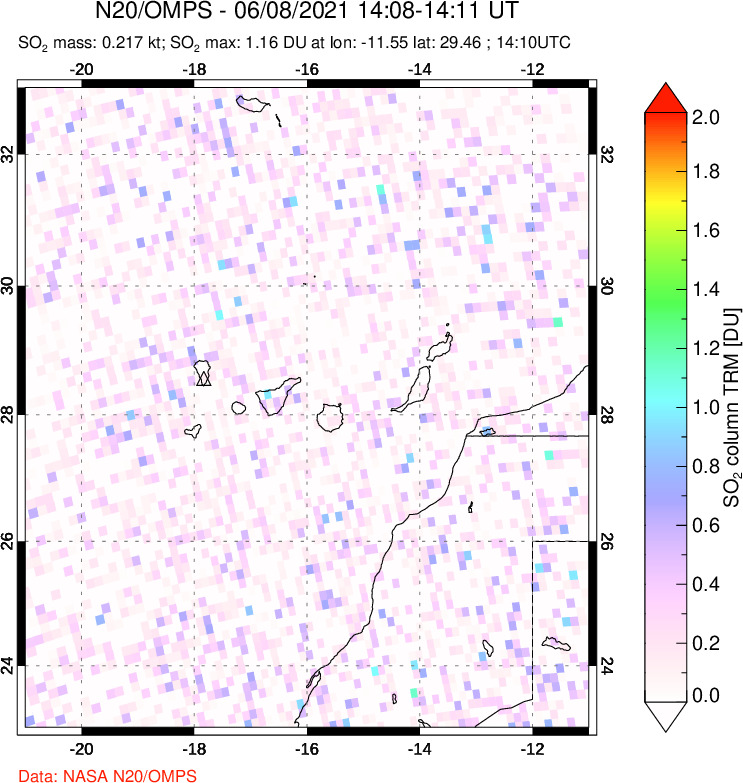 A sulfur dioxide image over Canary Islands on Jun 08, 2021.