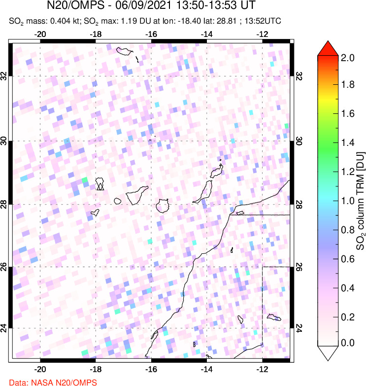 A sulfur dioxide image over Canary Islands on Jun 09, 2021.