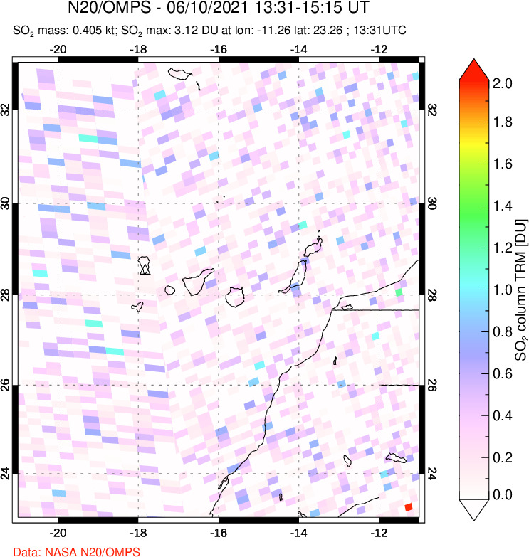 A sulfur dioxide image over Canary Islands on Jun 10, 2021.