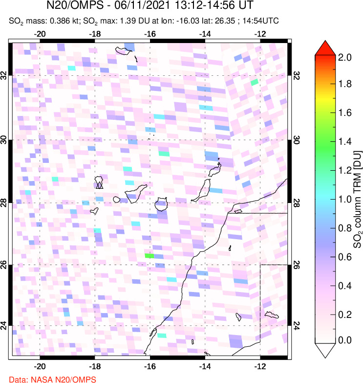 A sulfur dioxide image over Canary Islands on Jun 11, 2021.