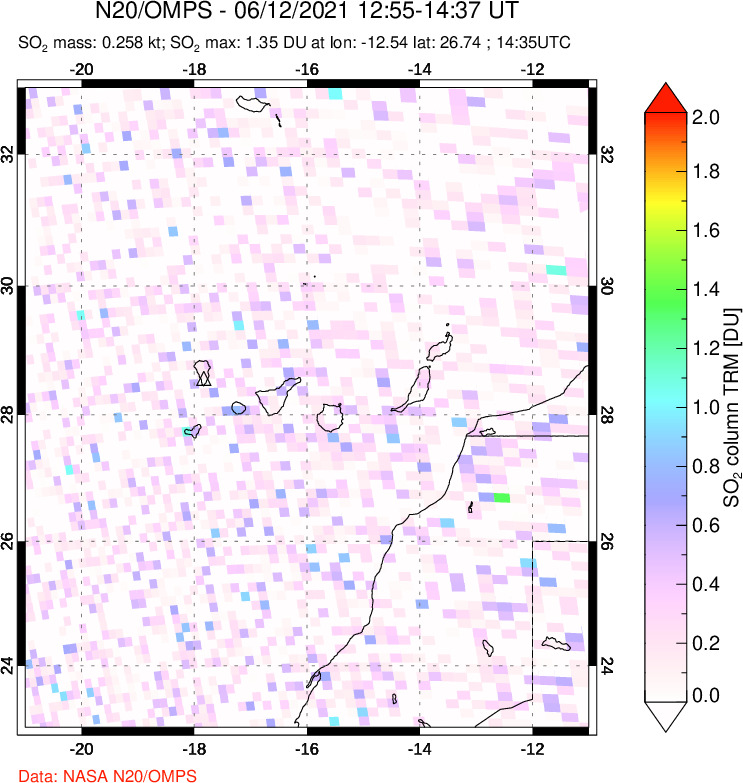 A sulfur dioxide image over Canary Islands on Jun 12, 2021.