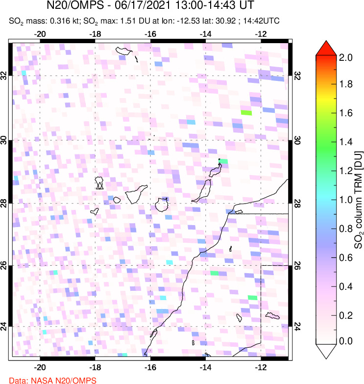 A sulfur dioxide image over Canary Islands on Jun 17, 2021.