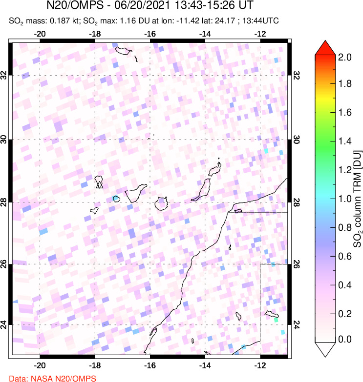 A sulfur dioxide image over Canary Islands on Jun 20, 2021.