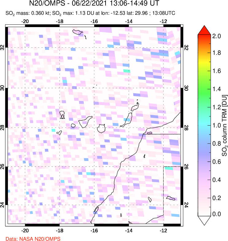 A sulfur dioxide image over Canary Islands on Jun 22, 2021.