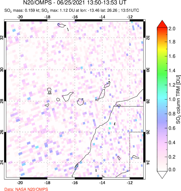 A sulfur dioxide image over Canary Islands on Jun 25, 2021.