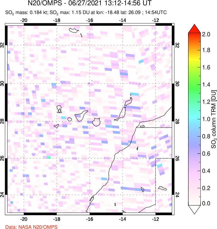 A sulfur dioxide image over Canary Islands on Jun 27, 2021.