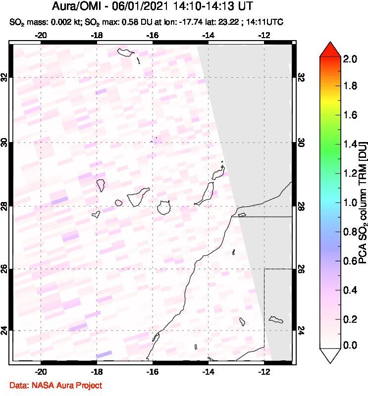 A sulfur dioxide image over Canary Islands on Jun 01, 2021.
