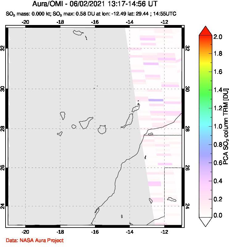 A sulfur dioxide image over Canary Islands on Jun 02, 2021.