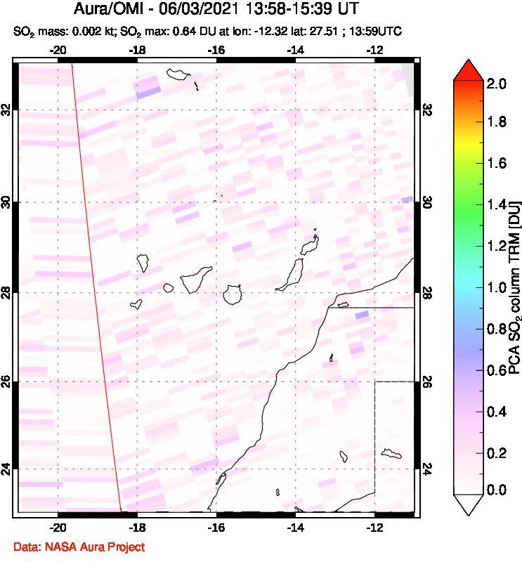 A sulfur dioxide image over Canary Islands on Jun 03, 2021.