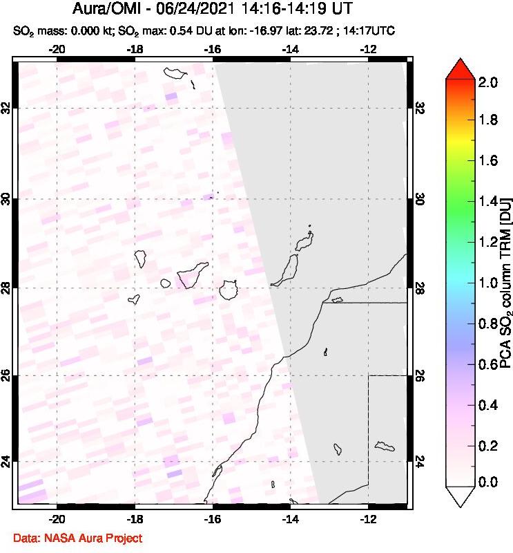A sulfur dioxide image over Canary Islands on Jun 24, 2021.