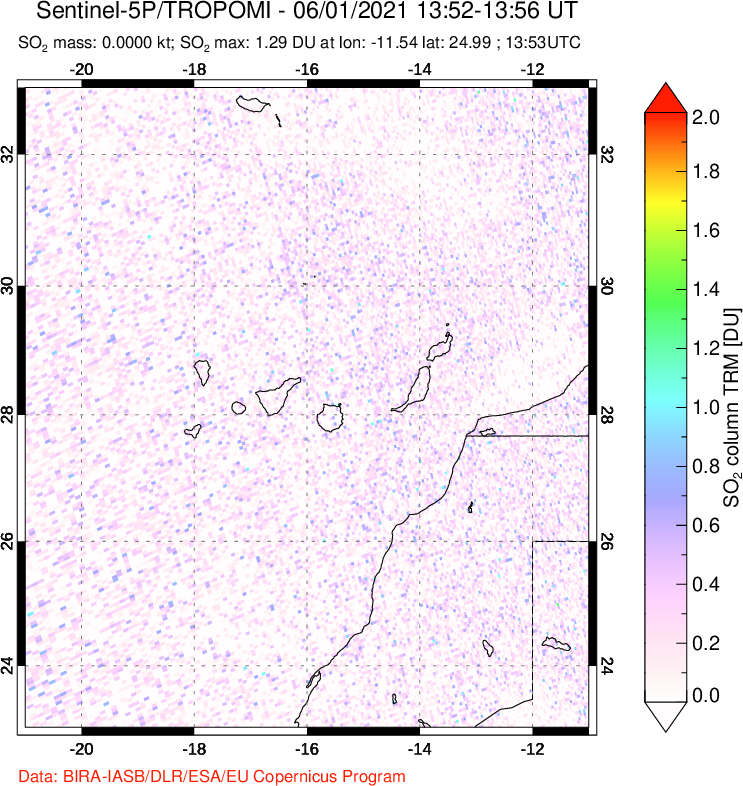 A sulfur dioxide image over Canary Islands on Jun 01, 2021.