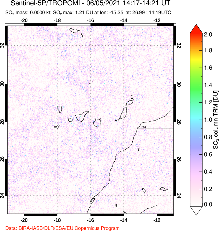 A sulfur dioxide image over Canary Islands on Jun 05, 2021.