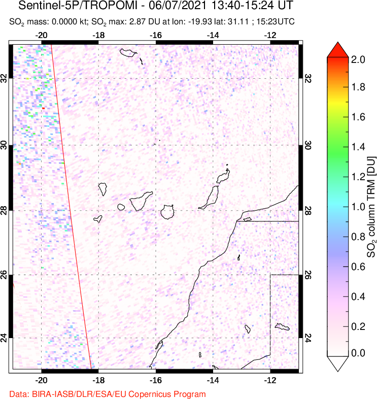 A sulfur dioxide image over Canary Islands on Jun 07, 2021.