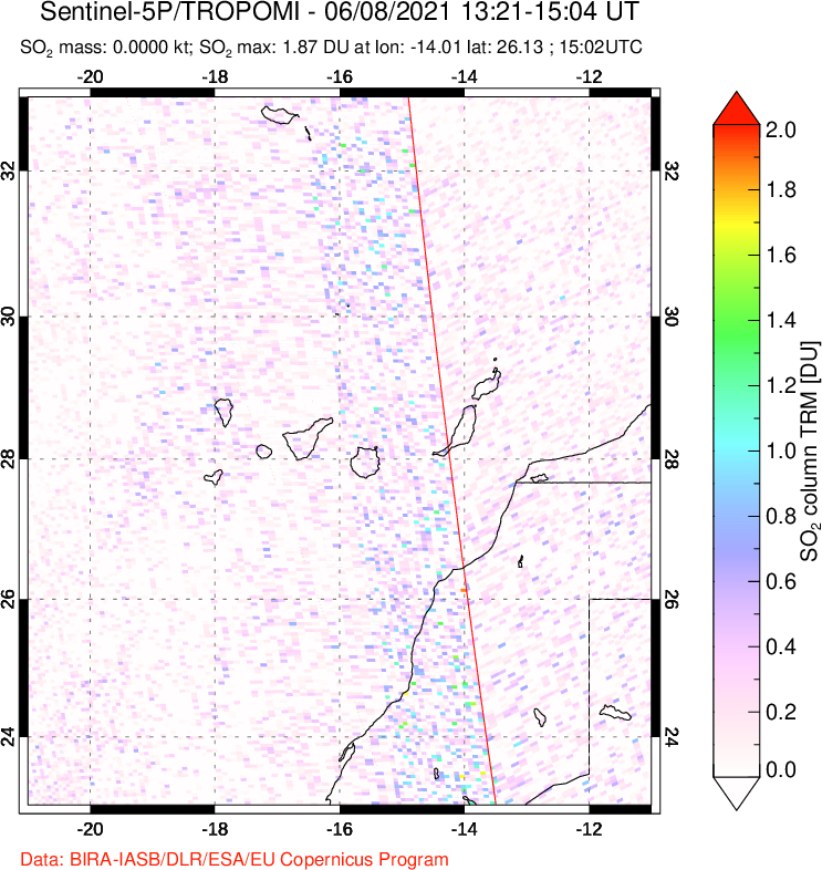 A sulfur dioxide image over Canary Islands on Jun 08, 2021.