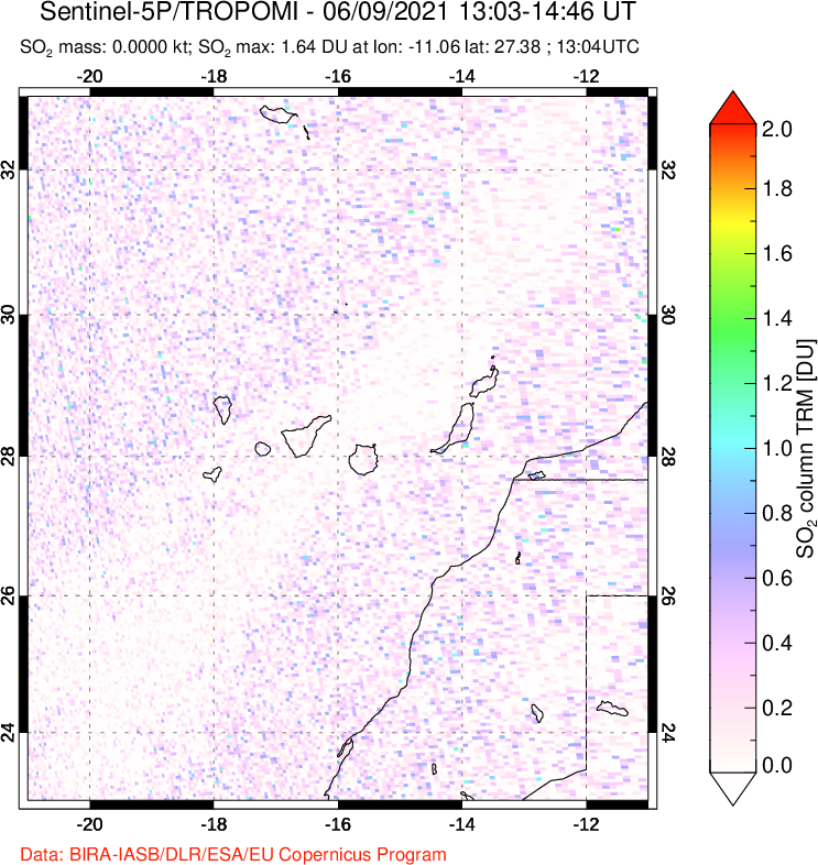 A sulfur dioxide image over Canary Islands on Jun 09, 2021.