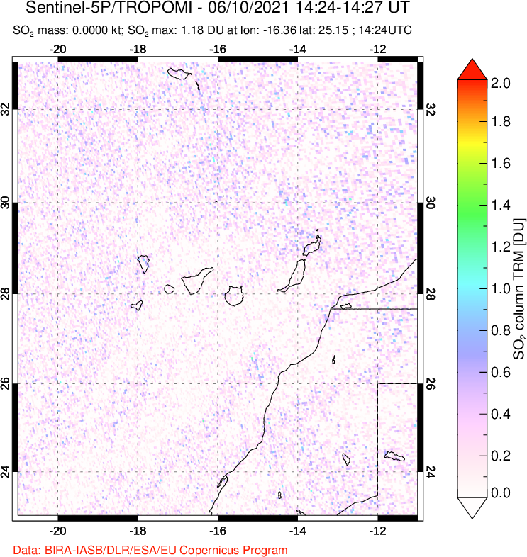 A sulfur dioxide image over Canary Islands on Jun 10, 2021.