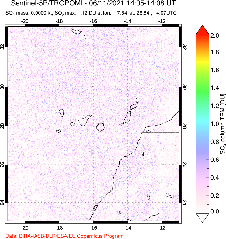 A sulfur dioxide image over Canary Islands on Jun 11, 2021.