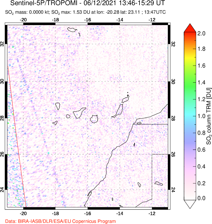 A sulfur dioxide image over Canary Islands on Jun 12, 2021.