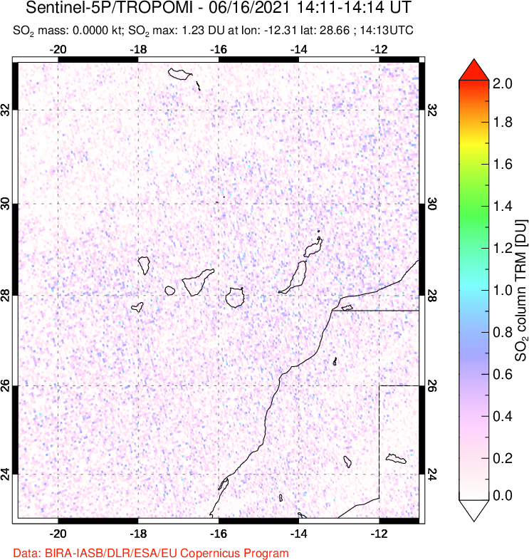 A sulfur dioxide image over Canary Islands on Jun 16, 2021.