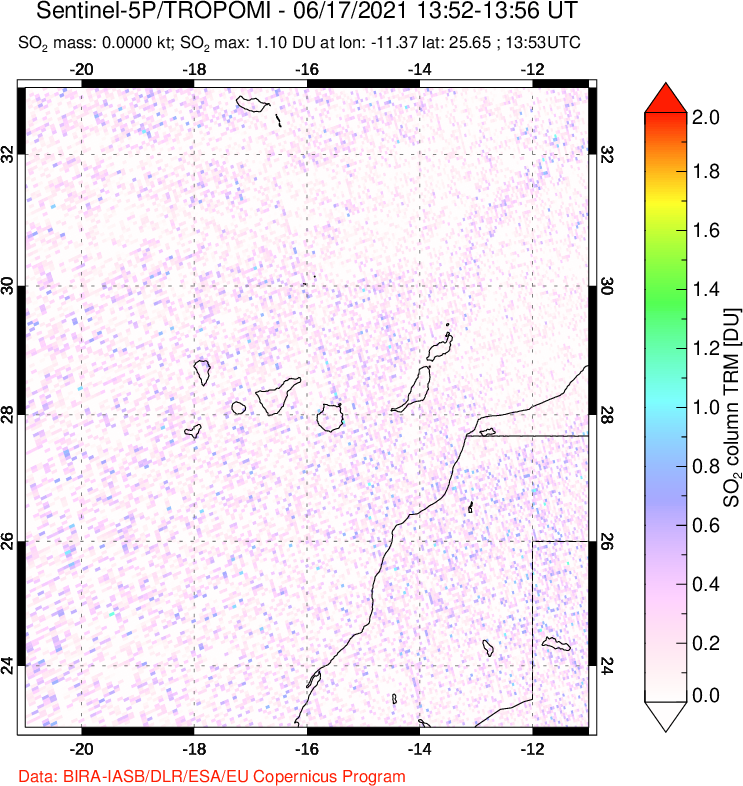 A sulfur dioxide image over Canary Islands on Jun 17, 2021.