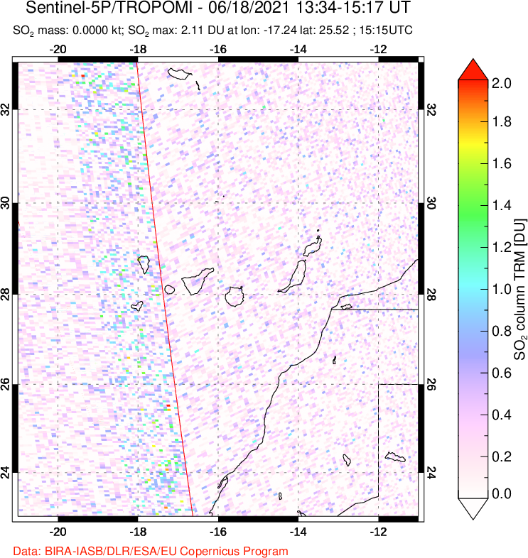 A sulfur dioxide image over Canary Islands on Jun 18, 2021.