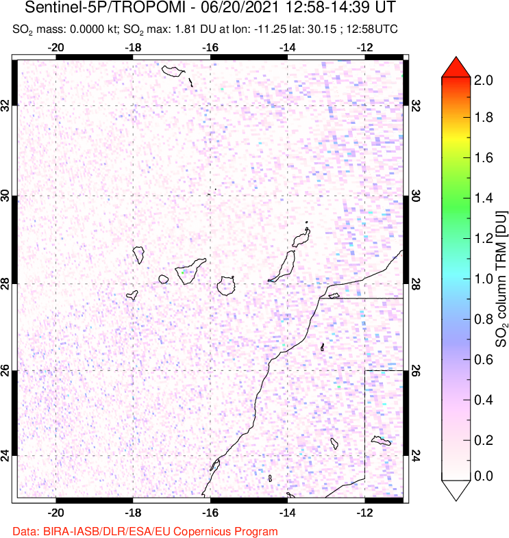 A sulfur dioxide image over Canary Islands on Jun 20, 2021.