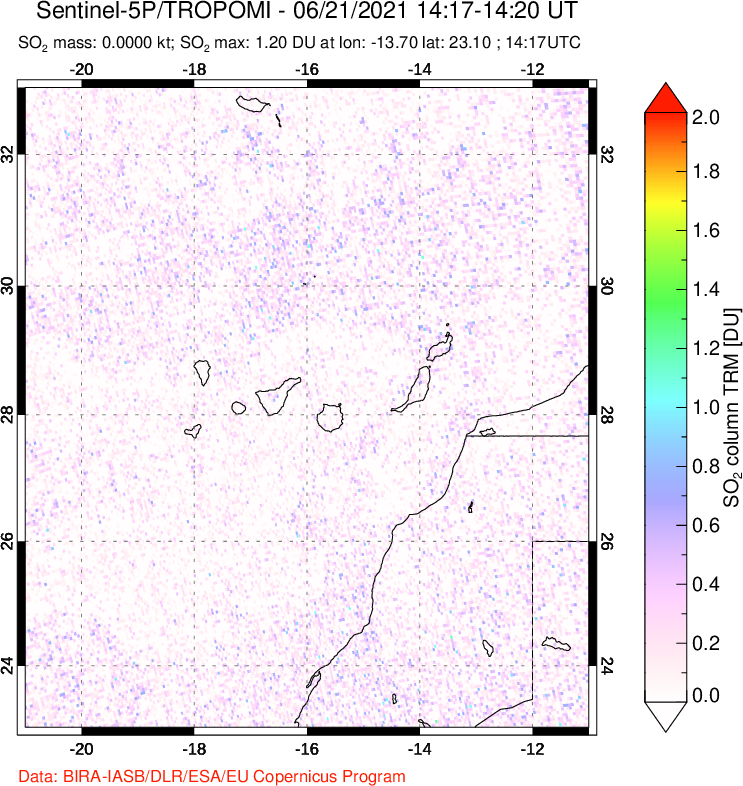 A sulfur dioxide image over Canary Islands on Jun 21, 2021.