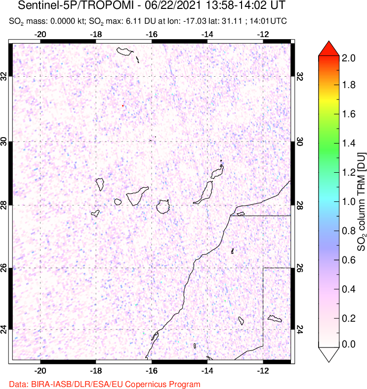 A sulfur dioxide image over Canary Islands on Jun 22, 2021.