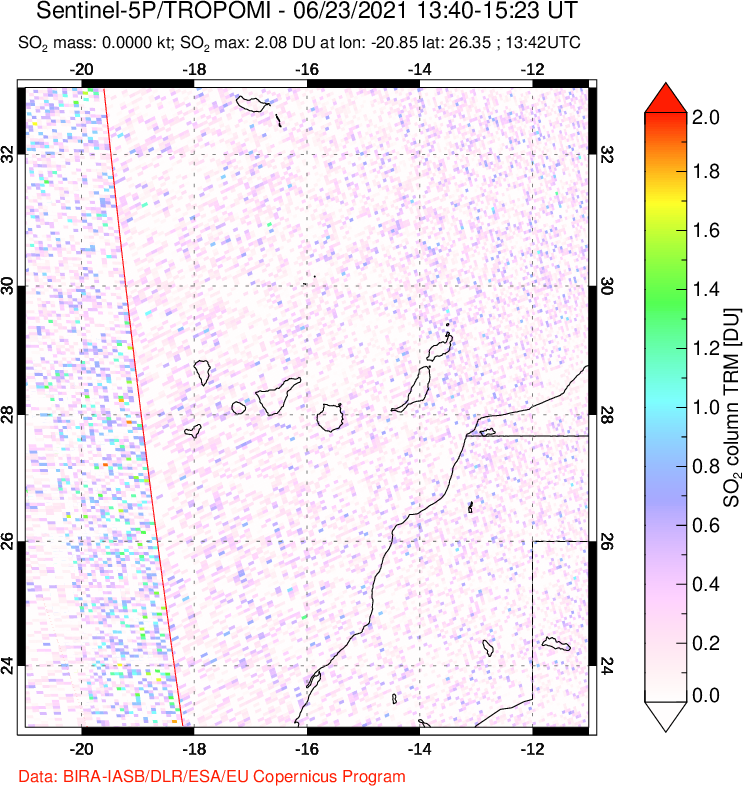 A sulfur dioxide image over Canary Islands on Jun 23, 2021.