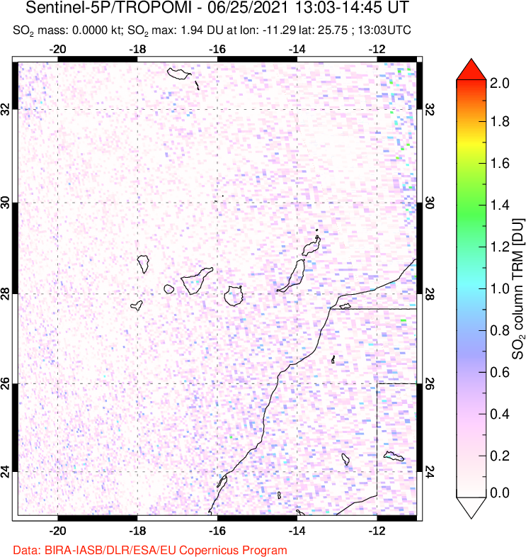 A sulfur dioxide image over Canary Islands on Jun 25, 2021.