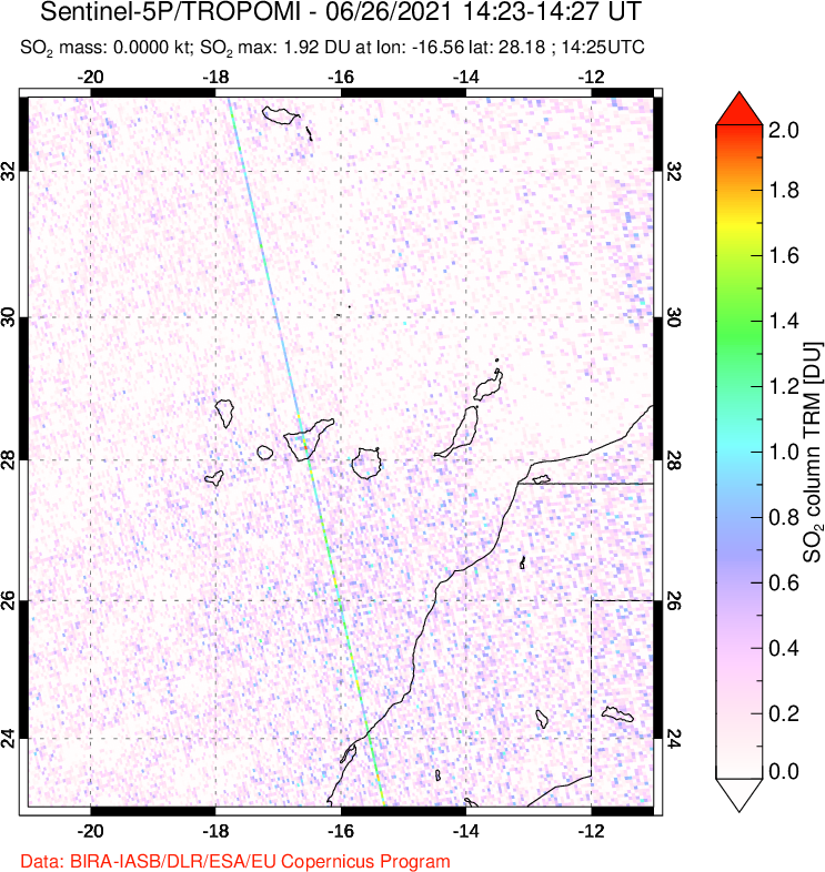 A sulfur dioxide image over Canary Islands on Jun 26, 2021.