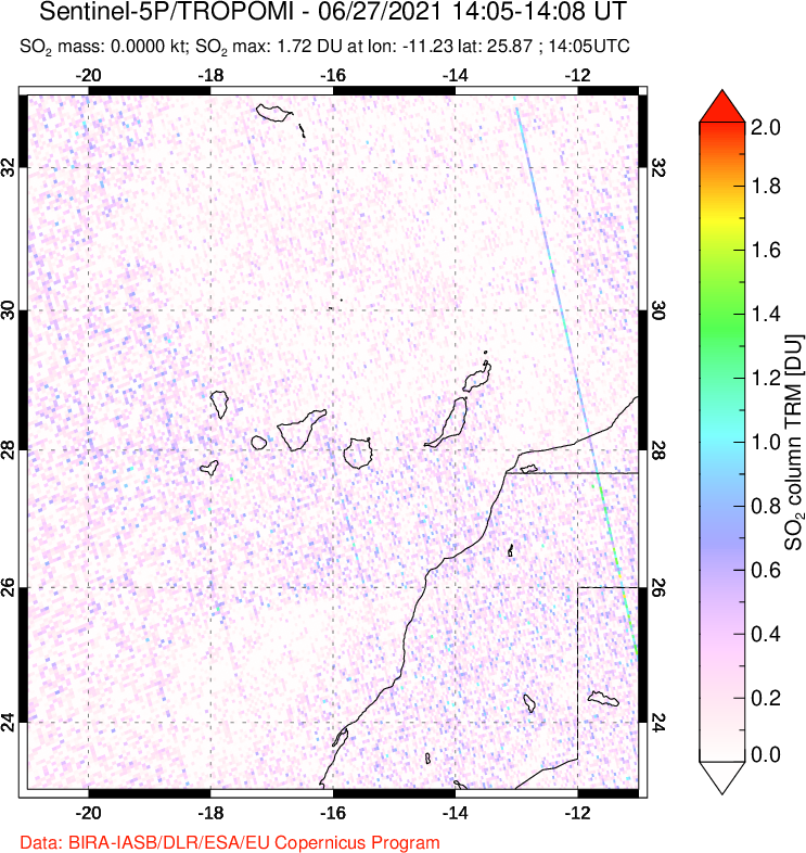 A sulfur dioxide image over Canary Islands on Jun 27, 2021.