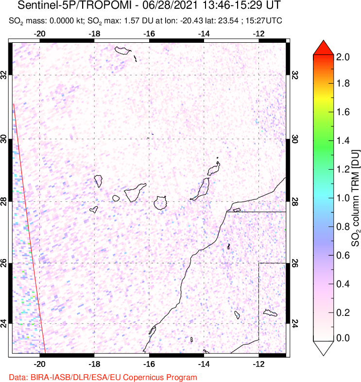 A sulfur dioxide image over Canary Islands on Jun 28, 2021.