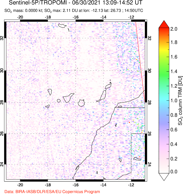 A sulfur dioxide image over Canary Islands on Jun 30, 2021.