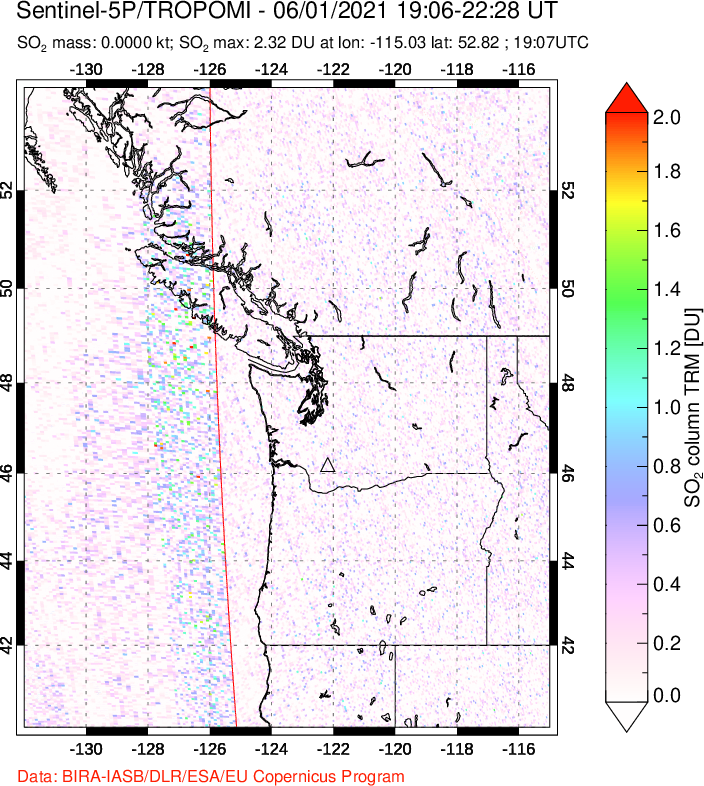 A sulfur dioxide image over Cascade Range, USA on Jun 01, 2021.