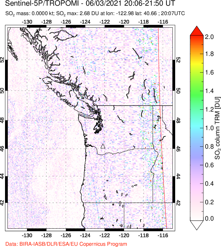 A sulfur dioxide image over Cascade Range, USA on Jun 03, 2021.